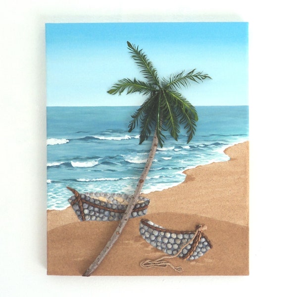 Boats Under a Palm Tree in Seashell Mosaic Wall Art, Boats on the Beach Painting, 3D Boats & Beach Scene, Beach House Decor, Stranded Boats