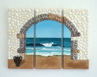 Archway & Urn Beach Scene 3D Wall Art, Rare Artwork in Seashell Mosaic and Sand, Painting of Archway and Greek Amphora, Triptych of Archway