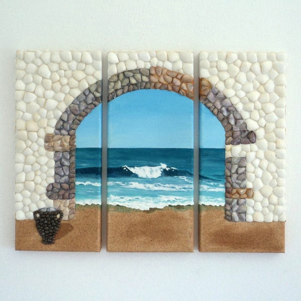 Archway & Urn Beach Scene 3D Wall Art, Rare Artwork in Seashell Mosaic and Sand, Painting of Archway and Greek Amphora, Triptych of Archway
