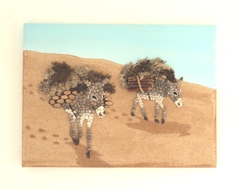 Ânes en mosaïque de coquillages sur sable, art mural 3D, art original d&#39;âne, ânes sur la plage, art mural naturel, cadeau pour les amoureux des ânes, art animalier