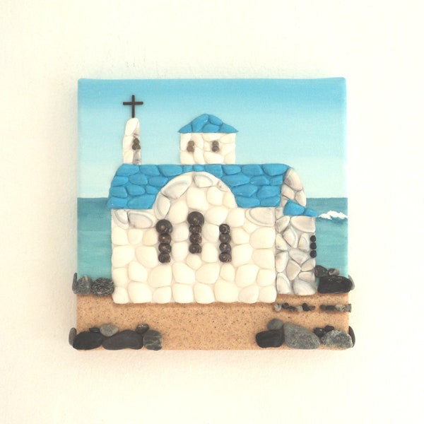 Chapel on the Beach in Seashell Mosaic 3D Wall Art, Greek Wall Decor, Church Painting, Rustic Church Collage, Greek Scene Pebble Art Chapel