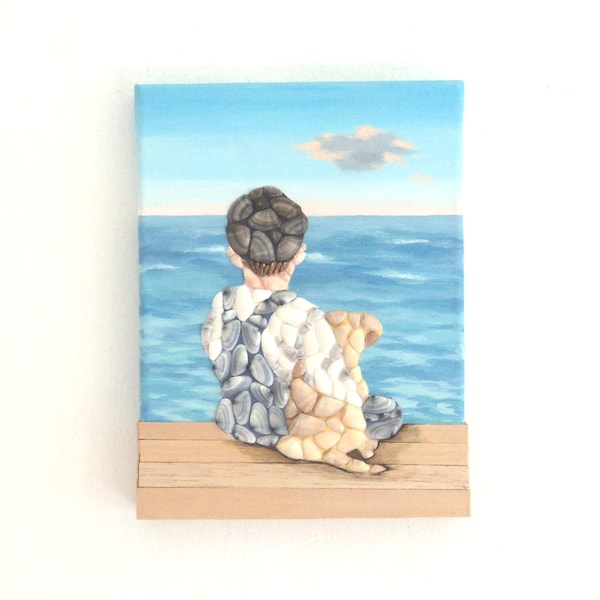 Little Boy with Puppy by the Sea Painting, Boy with his Dog in Seashell Mosaic Wall Art, Child with Puppy on Decking by the Sea 3D Collage