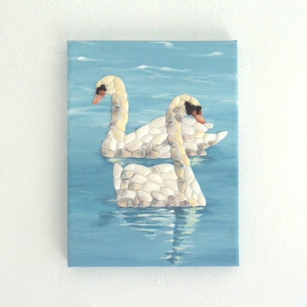 Swans in Seashell Mosaic 3D Wall Art, Swans Painting, Swans Swimming Wall Decor, Valentine Gift, Anniversary Gift, Wedding Gift, Home Décor