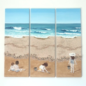 Children on the Beach in Seashell Mosaic and Sand 3D Wall Art, Triptych Beach Scene Painting, Children Playing on Beach, Beach House Decor