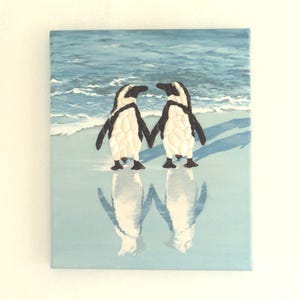 Pinguine in der Muschel Mosaik 3D Kunst, Pinguine am Strand Gemälde, Geschenk für Pinguin-Liebhaber, Ozean Küste Szene, Kieselstein Pinguine