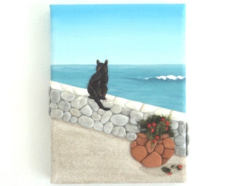 Schwarze Katze in Muschel Mosaik 3D Wandkunst, griechische Szene Malerei, Katze auf Kiesel Mosaik Wand, Santorini Katze an Wand, Katzenliebhaber Geschenk, schwarze Katze