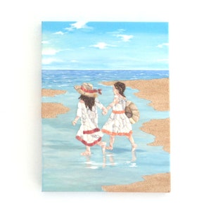 Girls playing on Beach in Seashell Mosaic 3D Wall Art, Sisters on Beach Painting, Beach with Sand Collage, Girl Friendship Beach House Decor