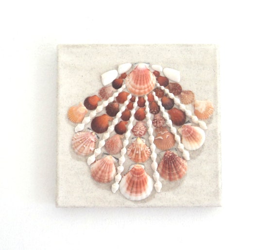 Seashell in Seashell Mosaic on White Sand, 3D Seashell Wall Art Nautical Decor, Ocean Art, Beach House Decor, Pink Seashell Natural Wall Art