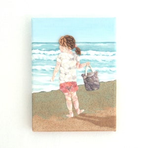 Little Girl Playing at the Beach in Seashell Mosaic and Sand 3D Wall Art, Little Girl on Beach Painting, Beach House Decor, Holiday Memories