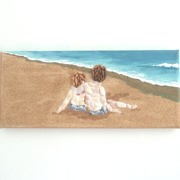 Beach Brothers, Boys on Beach Painting, Children in Seashell Mosaic Wall Art, Beach Boys 3D Collage, Friendship Wall Art, Beach House Decor