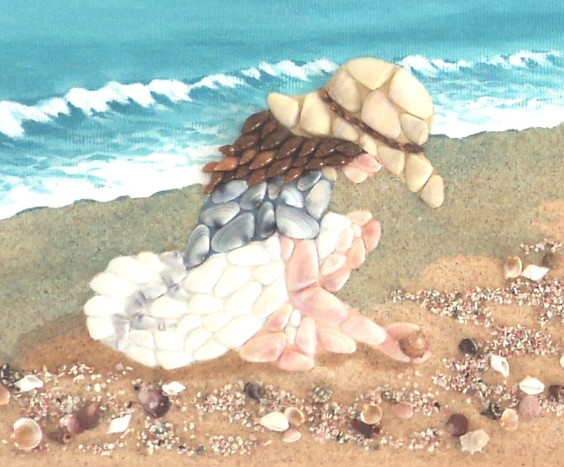 Girl Picking Seashells in Seashell Mosaic 3D Wall Art, Painting of Girl on Beach, Beach house Decor, Children Art, Beach Scene Collage image 3