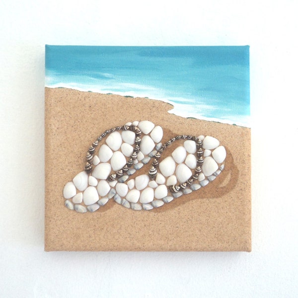 Flipflops on the Beach in Seashell Mosaic 3D Wall Art, Flipflops in the Sand Collage, Beach House Decor, Flipflops Beach Life Art, Flipflops