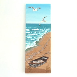 Fishing Boat on Beach & Seagulls in Seashell Mosaic Wall Art, 3D Fishing Boat on Beach Scene Painting, Coastal Wall Art, Beach House Decor