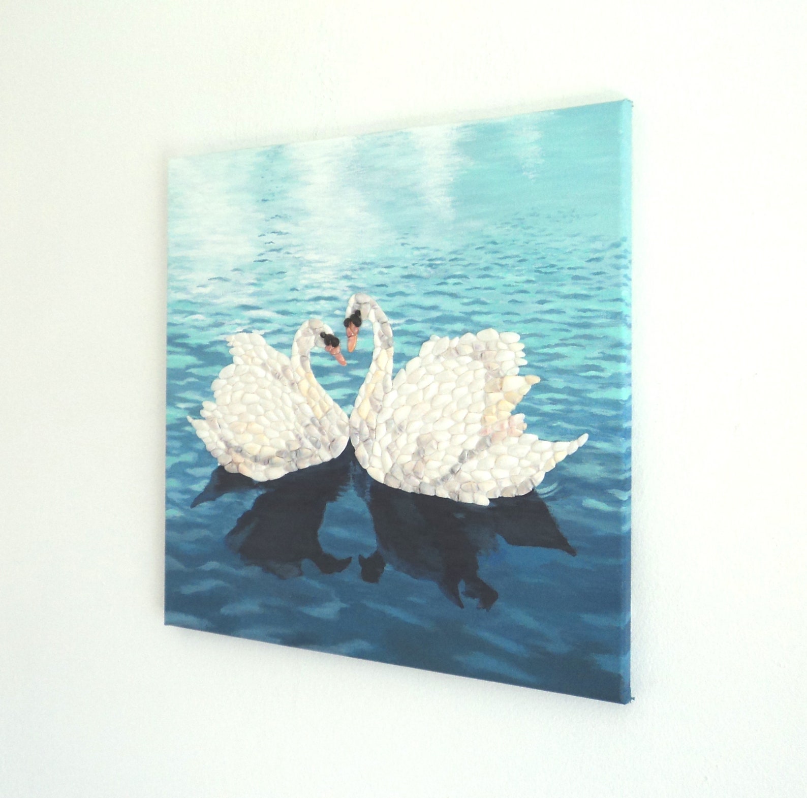 Swans in Seashell Mosaic 3D Wall Art, Swans Painting, Love Heart Swans ...