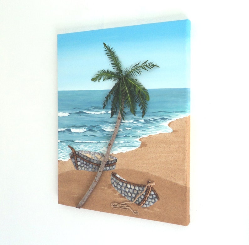 Boats Under a Palm Tree in Seashell Mosaic Wall Art, Boats on the Beach Painting, 3D Boats & Beach Scene, Beach House Decor, Stranded Boats image 2