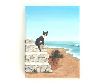 Katze am Strand in Muschel Mosaik 3D Wandkunst, Katze auf Kieselstein Mosaikstufen, griechische Szenenmalerei, schwarze Katze auf alten Stufen, Katzenliebhaber Geschenk