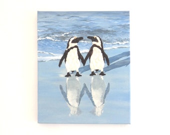 Pinguine in Muschel Mosaik 3D Wandkunst, Pinguine am Strand Malerei, Geschenk für Pinguin Liebhaber, Ozean Shore Szene, Kiesel Kunst Pinguine