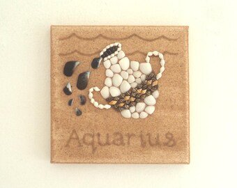 Aquarius Star Sign in Seashell Mosaic on Sand 3D Wall Art, Aquarius Zodiac Gift, Zodiac Sign Art, Natural Wall Art, Aquarius Home Decor