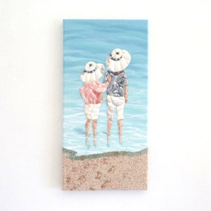 Niños en la playa en Seashell Mosaic 3D Wall Art, Children by the Sea Painting, Kids at the Beach, Children Collage, Beach House Decor
