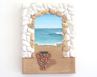 Archway & Urn Beach Scene 3D Wall Art, Rare Artwork in Seashell Mosaic and Sand, Painting of Archway and Greek Amphora on Beach With View