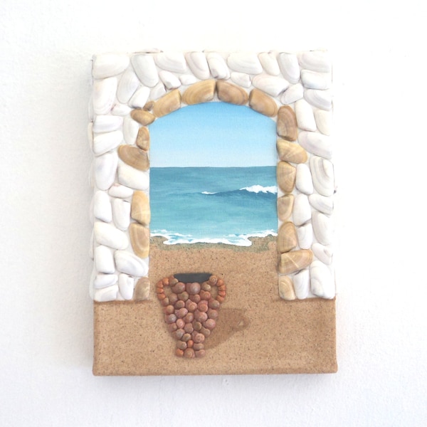 Archway & Urn Beach Scene 3D Wall Art, Rare Artwork in Seashell Mosaic and Sand, Painting of Archway and Greek Amphora on Beach With View