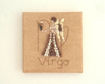 Signe d’étoile Vierge en mosaïque de coquillages sur sable Art mural 3D, Cadeau du zodiaque vierge, Art mural naturel, Décor d’art mural Vierge, Décor d’art d’enseigne d’étoile Vierge