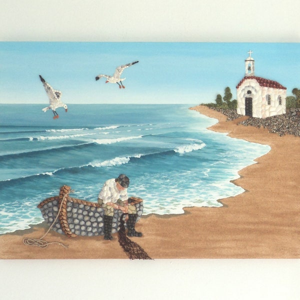 Fisherman & Boat on Beach in Mosaic Wall Art, Fisherman on Beach 3D Painting, Beach House Decor, Coastal Decor, Chapel and Seagulls on Beach