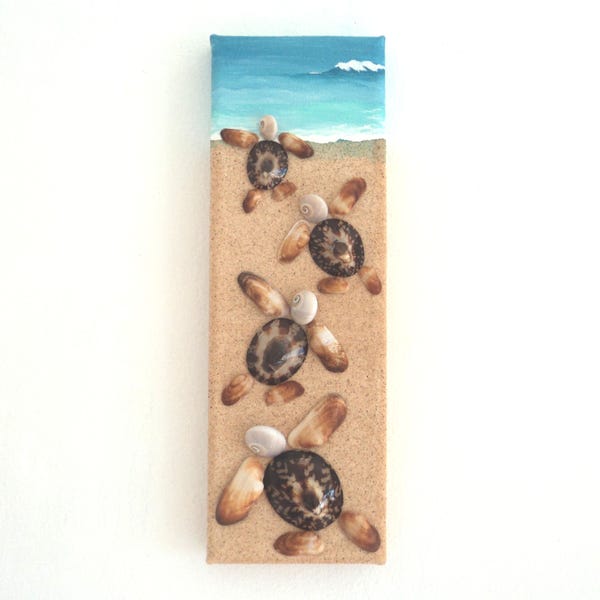 Baby Turtles in Seashell Mosaic on Sand 3D Wall Art, Turtles Pebble Art, Baby Turtles Race to Sea Painting, Turtle Beach, Beach House Decor