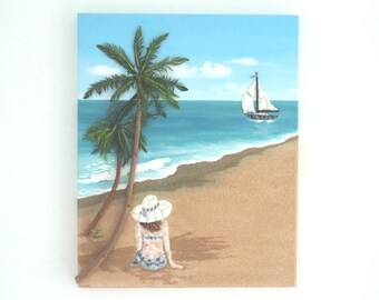 Girl on the Beach Under Palm Trees in Seashell Mosaic 3D Wall Art, Beach Scene Painting with Girl, Beach House Decor, Holiday Beach Memories