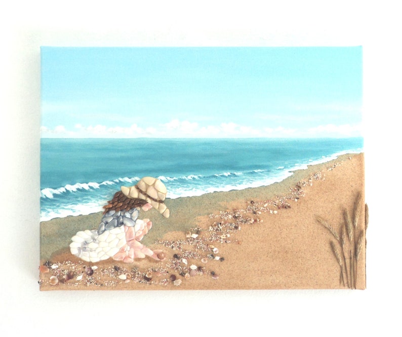 Girl Picking Seashells in Seashell Mosaic 3D Wall Art, Painting of Girl on Beach, Beach house Decor, Children Art, Beach Scene Collage image 1