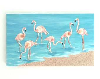 Flamants roses dans la mosaïque de coquillages Art mural 3D, Peinture de flamants roses, Flamants roses dans l’eau avec plage de sable rose, Flamants roses près de la plage