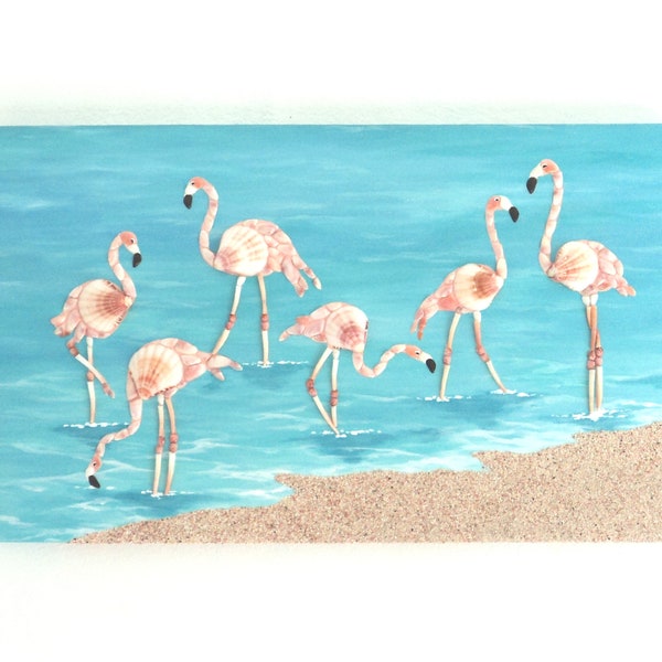 Flamingos in Seashell Mosaic 3D Wall Art, Pink Flamingos Painting, Flamingos in the Water With Pink Sand Beach, Flamingos by the Beach