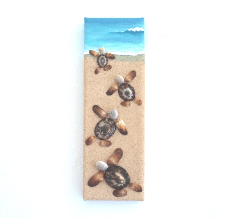 Baby Turtles in Seashell Mosaic on Sand 3D Wall Art, Turtles Pebble Art, Baby Turtles Race to Sea Painting, Turtle Beach, Beach House Decor image 1