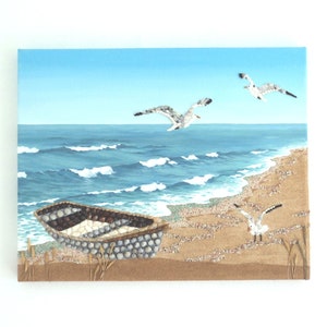 Fishing Boat on Beach & Seagulls in Seashell Mosaic Wall Art, 3D Fishing Boat on Beach Scene Painting, Coastal Wall Art, Beach House Decor