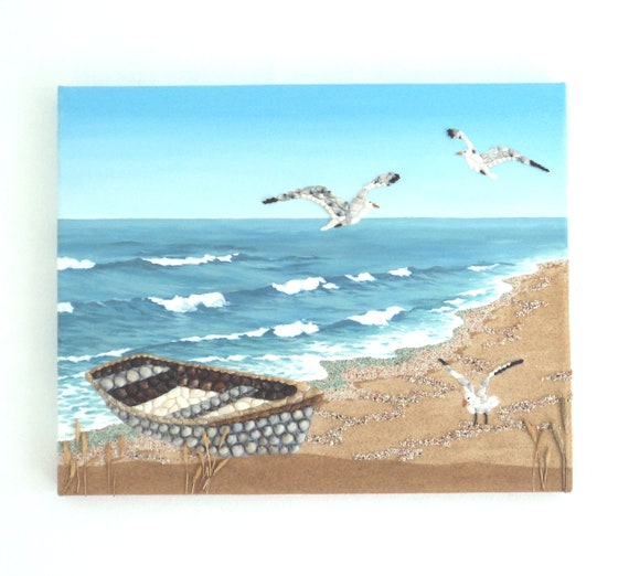 Fishing Boat on Beach & Seagulls in Seashell Mosaic Wall Art, 3D