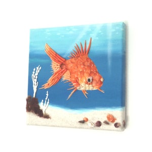 Poisson rouge dans la mosaïque de coquillages Scène sous-marine Peinture 3D, Décor mural tropical, Art de locéan, Décoration de maison de plage, Art de la mur de la vie marine, Mosaïque de poisson image 2