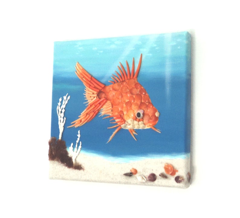 Poisson rouge dans la mosaïque de coquillages Scène sous-marine Peinture 3D, Décor mural tropical, Art de locéan, Décoration de maison de plage, Art de la mur de la vie marine, Mosaïque de poisson image 2