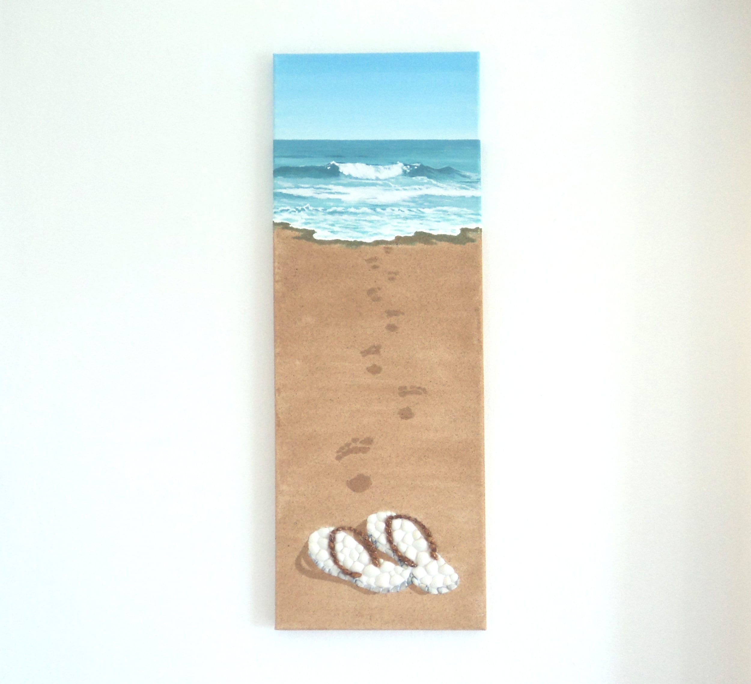 Flipflops & Footprints in Sand Seashell Mosaic Wall Art, Footprints in