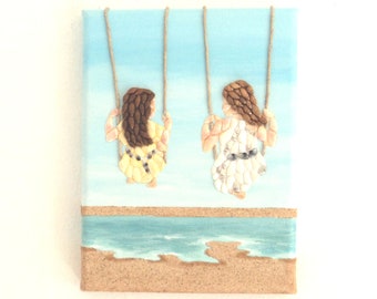 Girls on Swings on the beach 3D Wall Art, Sisters on Swings Painting, Girls on Beach Seashell Mosaic, Beach Swing Picture, Beach House Decor