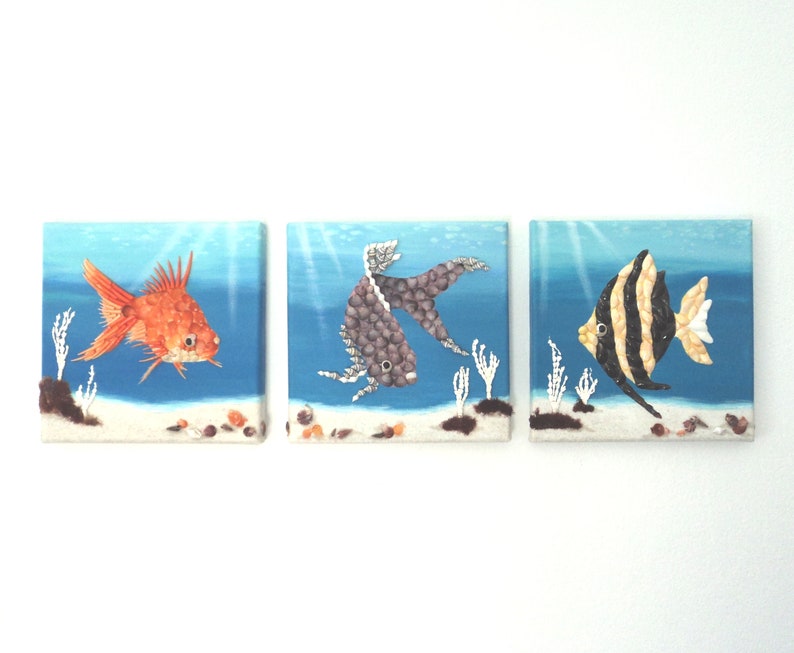 Poisson rouge dans la mosaïque de coquillages Scène sous-marine Peinture 3D, Décor mural tropical, Art de locéan, Décoration de maison de plage, Art de la mur de la vie marine, Mosaïque de poisson image 3