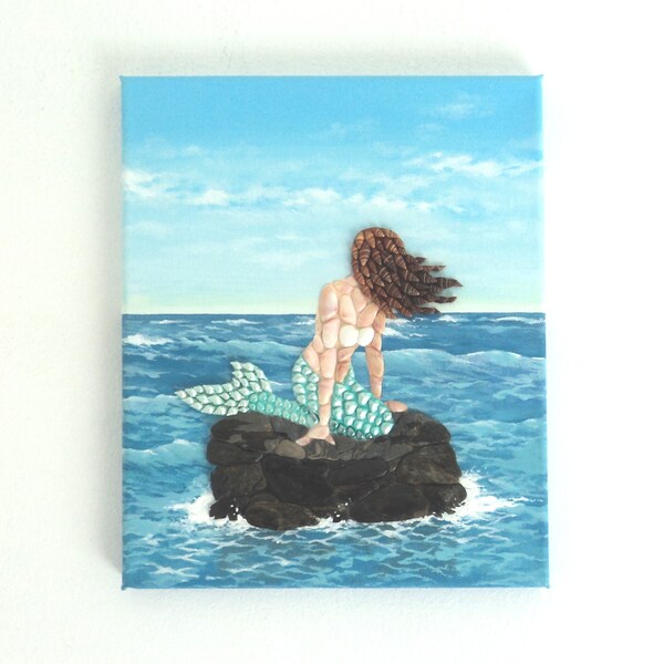 Mermaid on a Rock in Seashell & Pebble Mosaic, 3D Painting, Beach House Decor, Fantasy Mermaid Gift, Ariel at Sea Seashell Canvas Wall Art