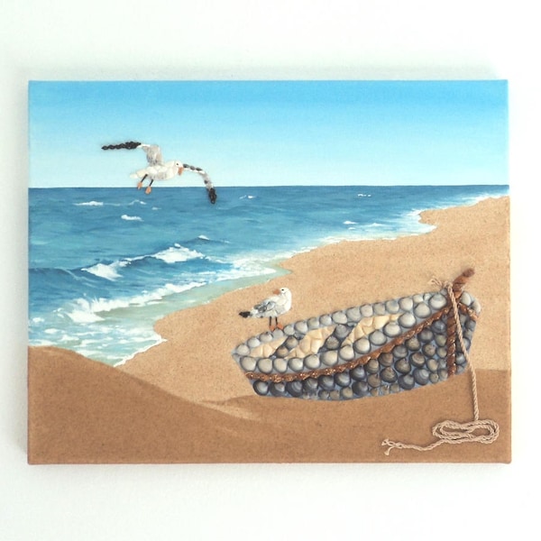 Fishing Boat on the Beach with Seagulls Wall Art, Boat & Seagulls in Seashell Mosaic and Sand 3D Beach Scene Painting, Beach House Decor