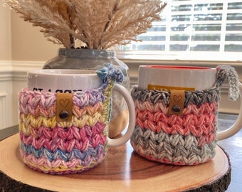 Handmade Mug Cozy | Crochet Mug Holder | Coffee Mug Wrap | Hot Cocoa Mug Reusable Sleeve | Cup Sweater Cozy | Boho Farmhouse | Cozy Gifts