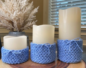 Flameless Pillar Candle Cozy | Boho Farmhouse | Crochet Candle Cozy | Pillar Candle Sleeve | Candle Cover | Handmade Home Decor | Cozy Gift