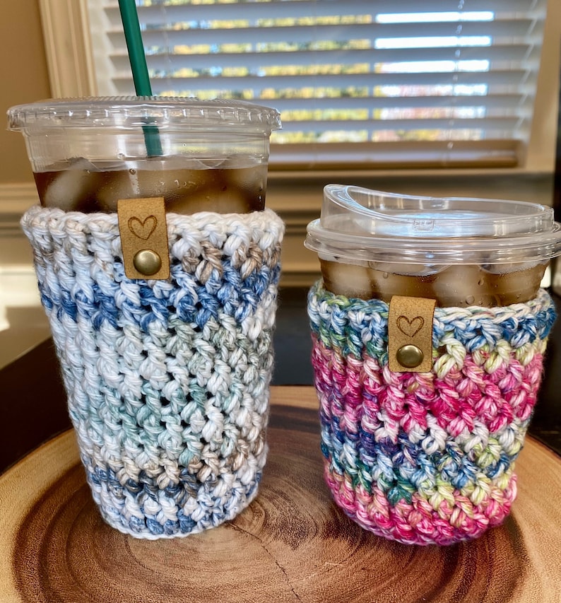 Handmade Cold Drink Cozy Crochet Iced Coffee Holder Cold Brew Reusable Sleeve Beverage Cozy Boho Gifts image 1