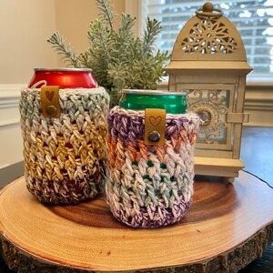 Handmade Mini Can Cozy Crochet Soda Mini Can Holder Beverage Sleeve Cold Drink Insulator Mini Beverage Cozy Boho Cozy Gifts image 2