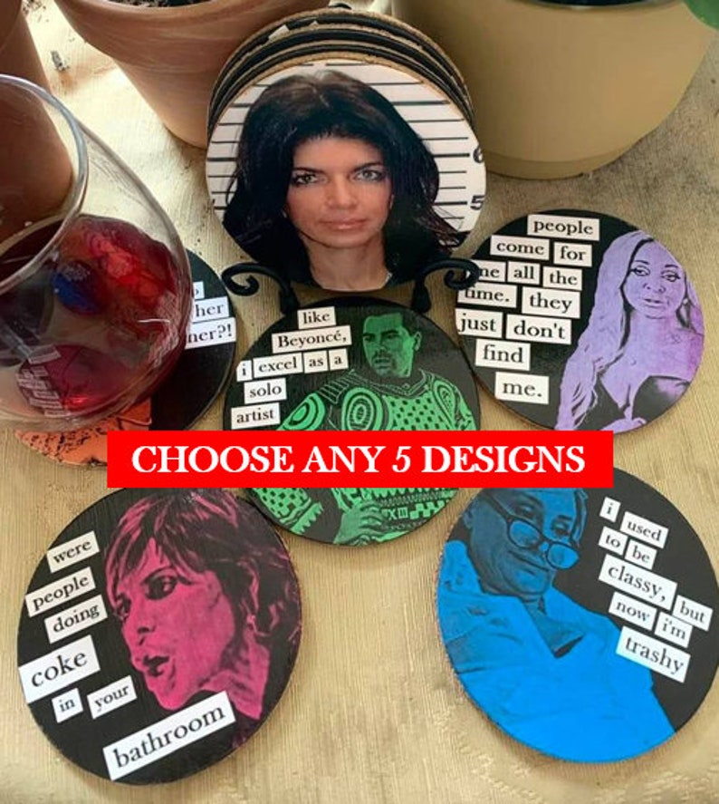 May include: Set of 6 round coasters featuring colorful images and text. The coasters feature images of people with text overlays. The text includes phrases like "like Beyonc&eacute;, I excel as a solo artist" and "people come for me all the time. They just don't find me."