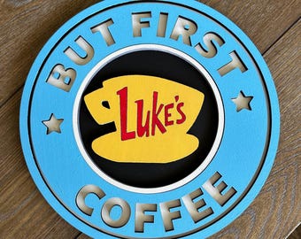 Luke’s Coffee Inspired Wood Sign – 10” Round Layered Wall Decor – Stars Hollow Style Café Sign