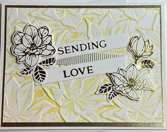 Liefde sturen - Gele, reliëf, verijdelde, unieke, handgemaakte wenskaart