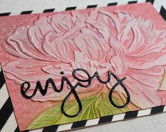 Enjoy - Leuke, levendige roze, witte en zwarte handgemaakte wenskaart